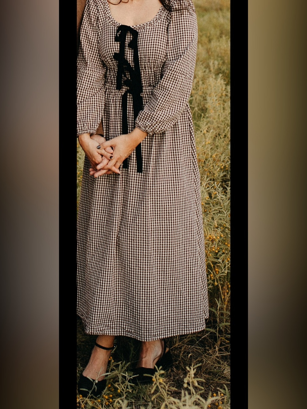 Gingham Midi Dress with Smocked Waist in Brown Damson Madder Dupe